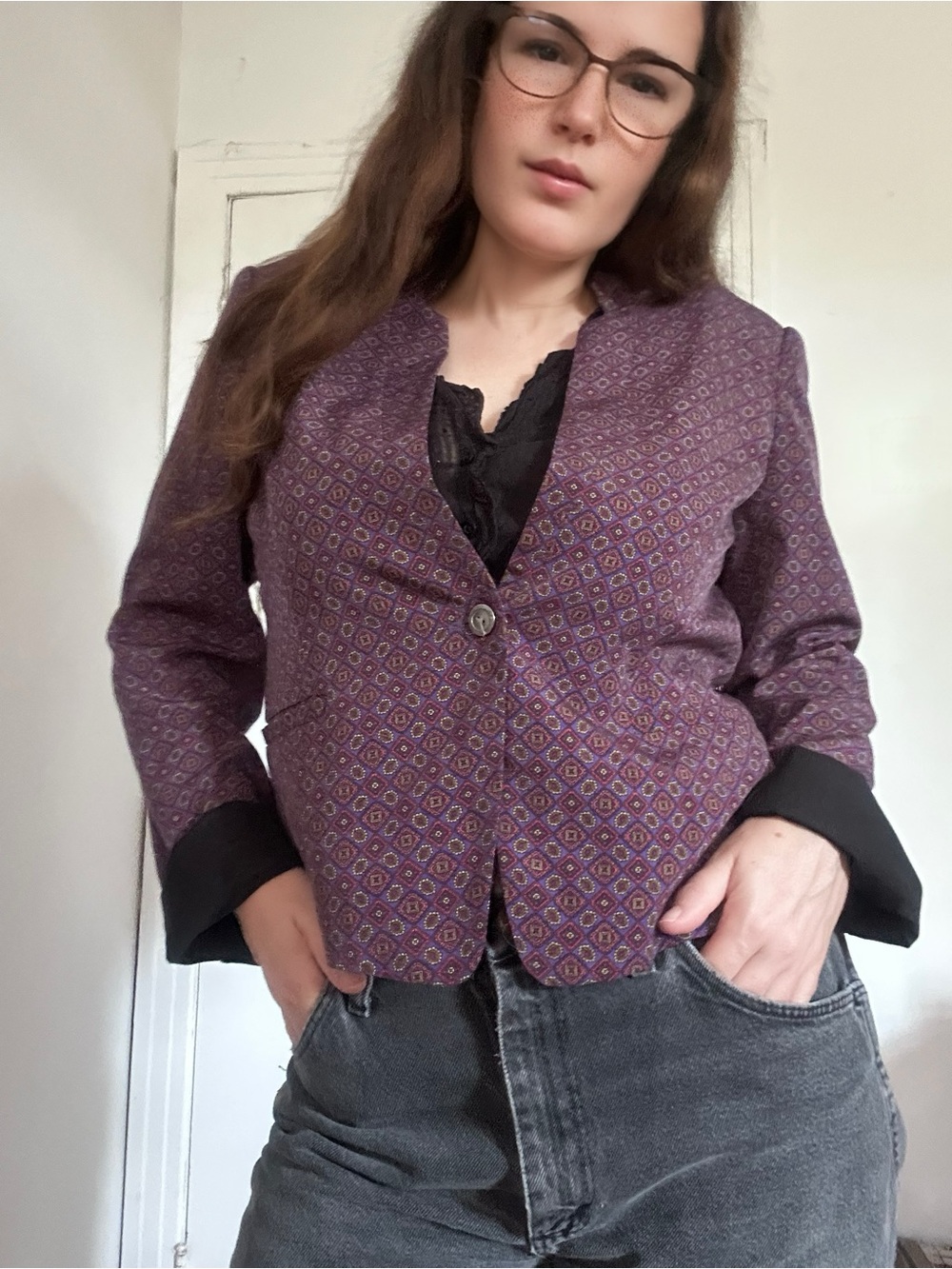 Tristan Purple Patterned Cute Cropped Blazer Tuxedo Style